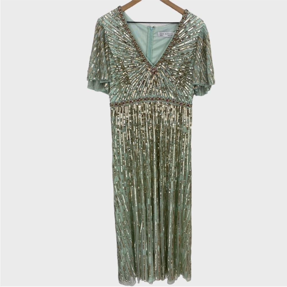 Mac Duggal Silver and Green Maxi Dress with Sequin Elegance - Picture 2 of 9